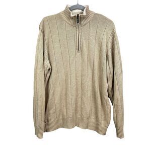 Oscar‎ De La Renta Mens Sweater Shearling Trim Quarter Zip Ribbed Hem Tan Size L